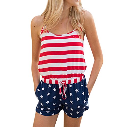 vermers HOT! Women Jumpsuit Casual Printed American Flag Striped Romper Lace-Up Playsuit (M, White)