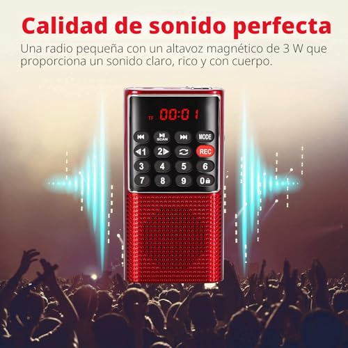 PRUNUS J-328 FM Portable Small Rechargeable Radio with Recorder, Mini Pocket Radio with SD/TF/AUX Music Player, Small Radios for Running, Traveling (Red)
