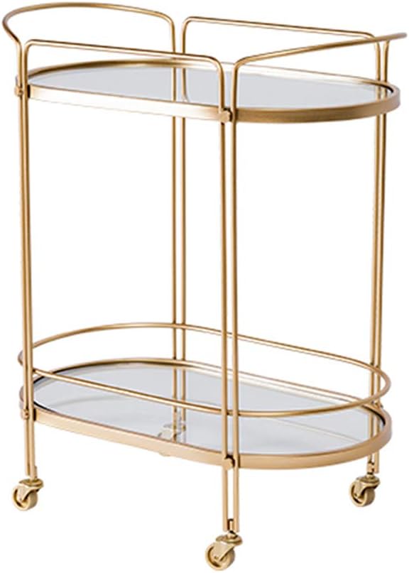 HLLZRY Modern Serving Trolley 2-Tier Oval Metal Rolling Bar Serving Utility Mobile Cart with Handles, Gold/Clear Glass and Mirror Tea trolley for Kitchen, Home, Office