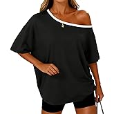 LEEDYA Off The Shoulder Tops for Women Summer Sexy Oversized T-Shirts Short Sleeve Color Block Casual Batwing Tunic Top
