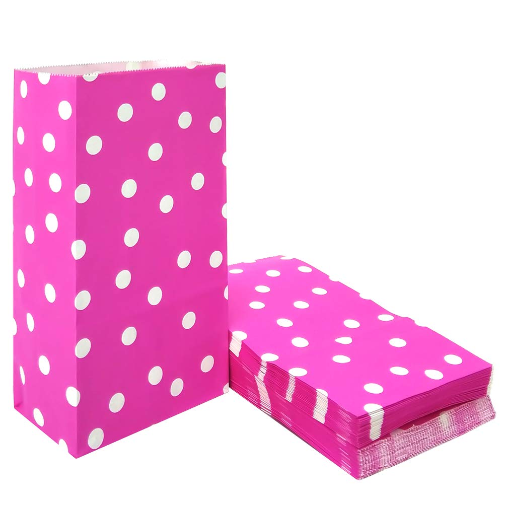 ADIDO EVA Polka Dot Paper Bags Hot Pink Goodie Treat Bags 5.1 x 3.1 x 9.4 Inch 50 PCS