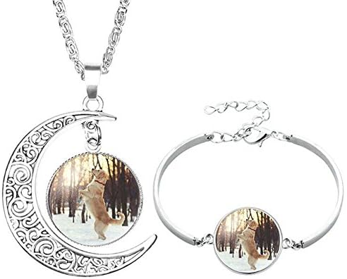 Socutee Ideal Gifts Girls, Women Cute Dog Bulldog Golden Retriever Labrador Times Gem Moon Crescent Necklace Bracelet Set