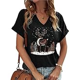 V Neck Merry Christmas Shirts for Women Bright Snowman Tree Graphic Blouse Winter Indoor Casual Tops Festival Tee