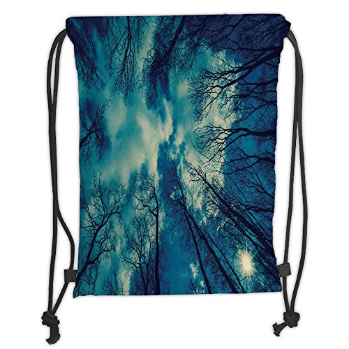 Custom Printed Drawstring Sack Backpacks Bags,Farm House Decor,View to Trees tops and Cloudy Sky Weather Heaven Dream Night Ups Giver of Life Theme,Blue Black Soft Satin,5 Liter Capacity,Adjustable St