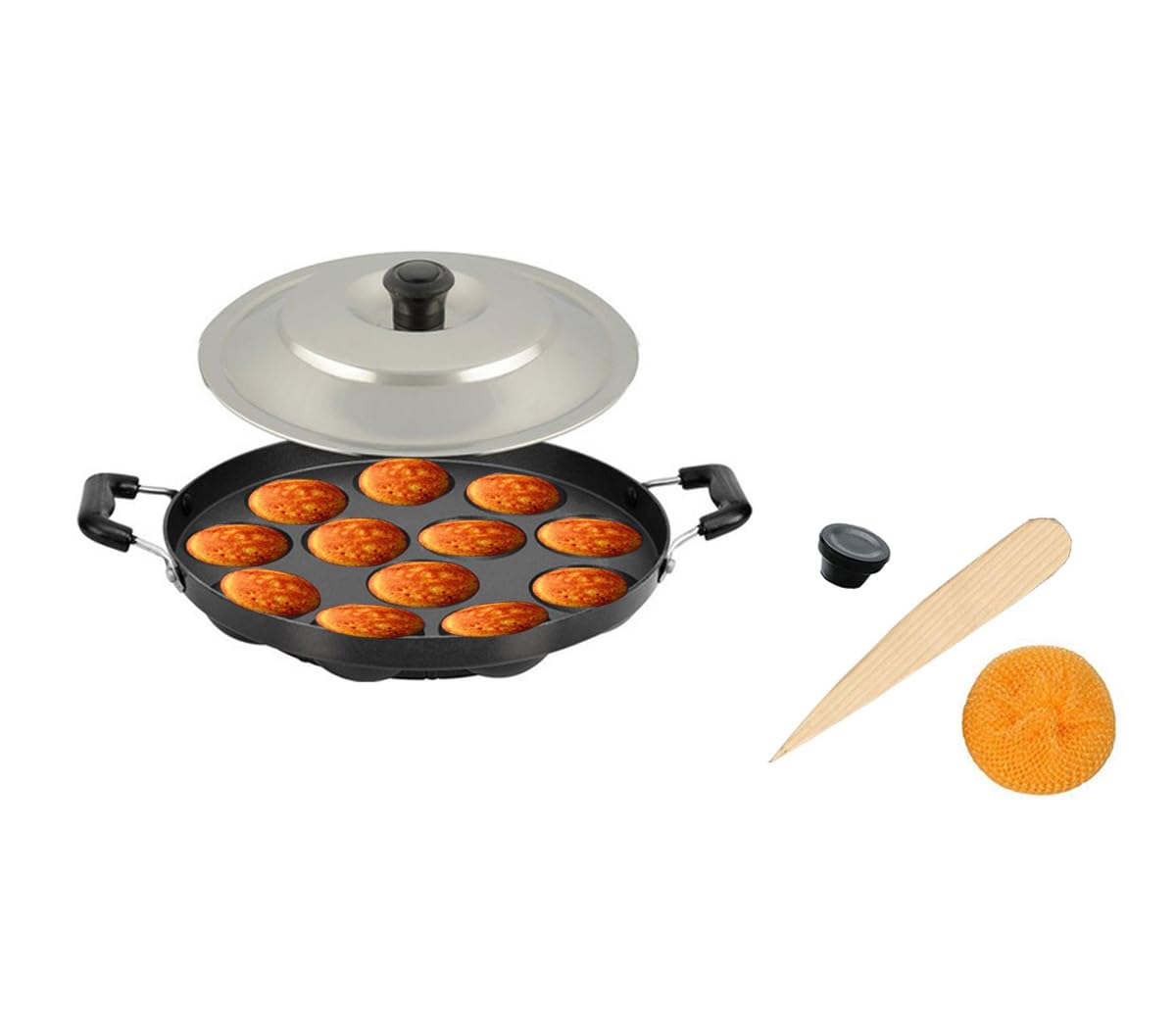 Satre Online And Marketing Non Stick Appam Pan with Steel Lid,12 Pits Appam Maker with Lid, Appa Chetty Paniyaram Pan Patra Tawa Non Stick Set of 1