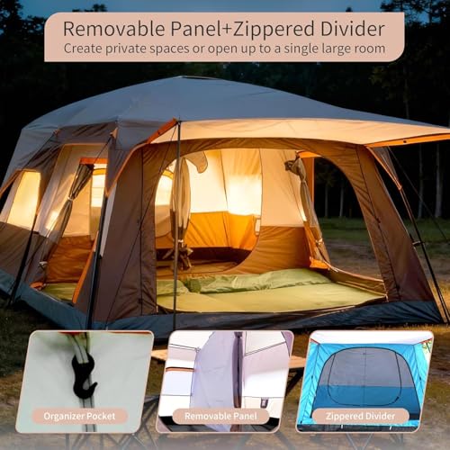 Large Family Standing Upright Camping Tent ，Multi-Room Tent with Screened Porch，Doors and Windows ，Oxford Fabric Waterproof Family Camping Tent for Outdoor,Picnic,Camping