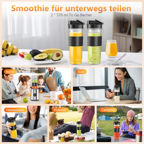 Mixer, Smoothie Maker, Standmixer, 500W Smoothie Mixer mit 2x570ml Smoothie Flaschen BPA frei Tritan,Tragbarer Blender Smoothie Maker aus Edelstahl 4-Klingen-System,für Jede Art von Shake und Smoothie