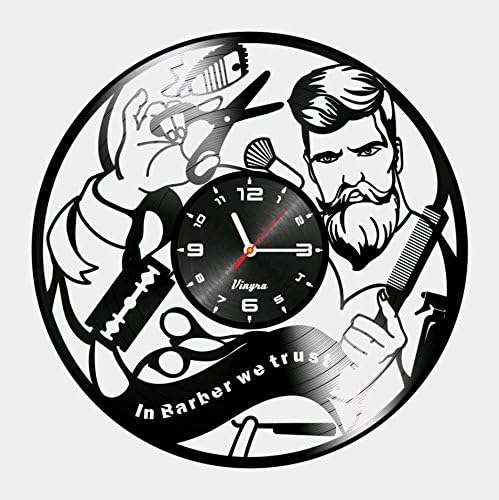 Barber Shop Clock Vinyl Record Hipster Decor Hairdresser Hair Salon Scissors Vinyl Clock Decor Art Vinyl Record Clock Decorations Decor Wall Decal Art Poster Equipment in burber we Trust Black
