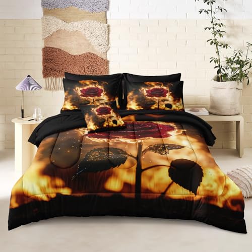 Chumerry Black Red Comforter Set Fire Rose Romantic Bedding Set Red Rose Flower Floral Orange Flame Bedding Love Couple Comforter Black King Bed in A Bag at Amazon