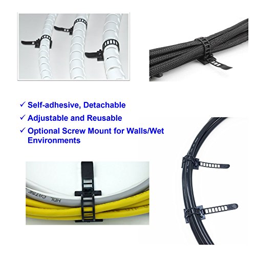 Cable Organizers Self-Adhesive Cable Ties, Adjustable Nylon Cable Zip Ties and Adhesive Cable Clips with Optional Screw Mount for Cord Management (Black 50PCS) - Thumbnail 2