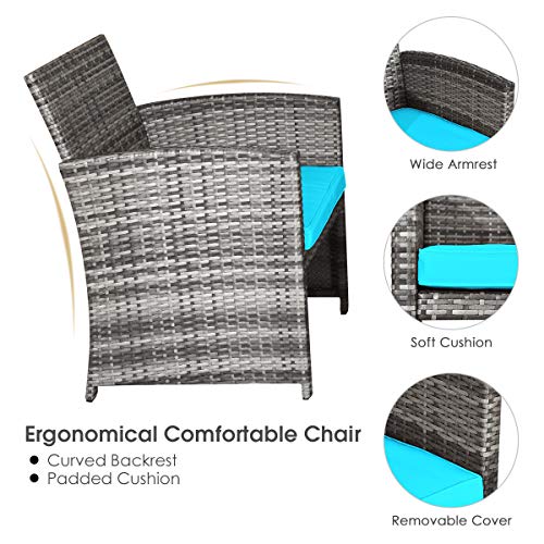 DORTALA 4 Piece Patio Furniture Set, Outdoor Wicker Conversation Set with Soft Cushions & Tempered Glass Coffee Table, Rattan Patio Sofa Bistro Sets for Courtyard Balcony, Turquoise