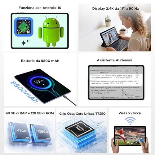 BIRDCLAW P11 Pro Tablet 11 Pollici, Gemini AI Tablet Android 16, 48GB RAM+128GB ROM/2TB TF, 8800mAh/18W, Octa-Core T7250, 90Hz, 13MP+5MP, GPS/FM/Face ID, Tablets con Tastiera e Penna, Nero