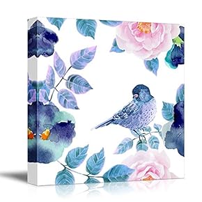 Square Canvas Wall Art - Watercolor Painting of a Blue Bird with Floral Background - Giclee Print Gallery Wrap Modern Home Art Ready to Hang - 12x12 inches