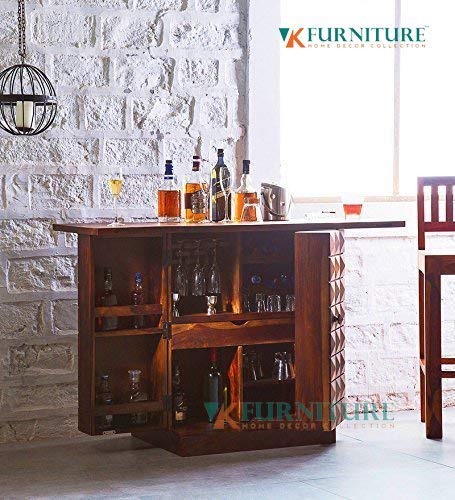 VK Furniture Sheesham Wood Stylish Bar Cabinet | for Living Room & Home | Liquor Storage | Wine Glass Storage Rack | Brown Finish