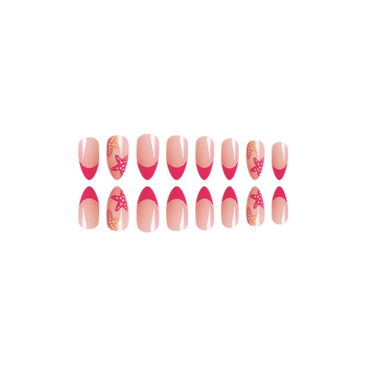 Summer Press on Nails Almond Fake Nails Colorful Glue on Nails with Design Glossy Acrylic Nails Full Cover Glossy Stick on Nails Artificial Nails for Women Girls (Pink French tip) - Image 3