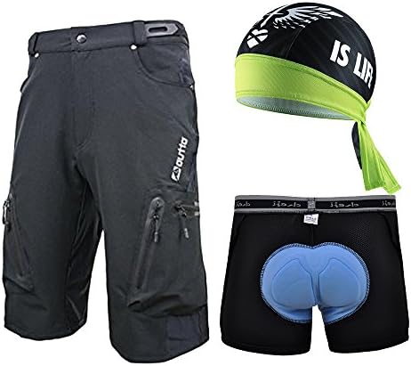Borvelo MTB Cycling Shorts Set: Mountain Bike Baggy Shorts Loose Fit Plus Bicycle 3D Coolmax Padded Underwear Shorts Plus MTB Cycling Bandana Cap.Superior $ Value Set. (XXL=waist 32-38”)