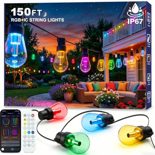 Outdoor String Lights 150FT, RGB+IC Outside Light Dimmable Shatterproof LED Bulbs, IP67 Waterproof Chasing Effect Lighting DreamColor Patio Strip Lights for Backyard, Balcony Outdoor Living