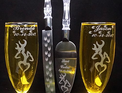 Click Here to See More Images Deer Heart Engraved Wedding Cake Knife Set & Champagne glasses Names and Date FREE !