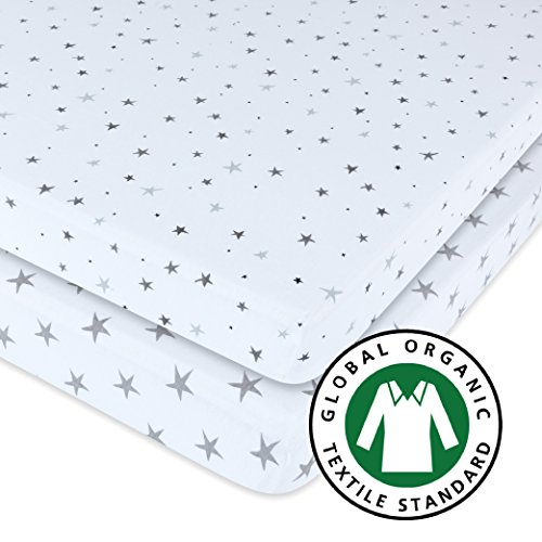 GOTS Certified Organic Pack N Play Portable Crib Sheet Set 100% Jersey Cotton 2 Pack - Grey Star Print