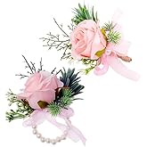 Rikyo Artificial Rose Wrist Corsage Band Bracelet Boutonniere Set,orsage for Prom,Bride Hand Flower,Wedding Flowers Ceremony,Wedding Party Prom Decor,Handmade Petals Hair Hat Wreath (Pink)