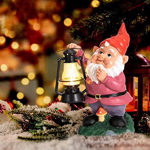 Garden Gnome Decor Outdoor Statues - Gnome Statue Holding Vintage Lantern Solar Powered Funny Outdoor Figurine Lights for Patio Yard Decorations