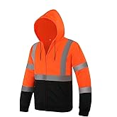 sesafety High Visibility Safety Sweatshirt for Men, Class 3 Reflective Zippered Hooded Sweatshirt, Hi-Vis Safety Hoodie with Black Bottom