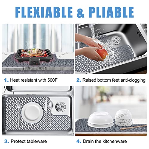 JUSTOGO Silicone Sink Mat, Left & Right Drain Sink Protectors for