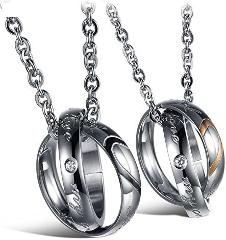 Stainless Steel Double Rings Zirconia Pendant Necklaces for His Her - "Real Love" &amp; "My Only Love" Words Engraved Couples Matching Set 20" Chain (Pair-For His &amp; Hers)