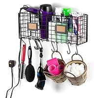 Wall35 Wall Mountable Multiuse Bathroom Storage Organizer Wire Rack Hair Dryer Holder with 10 Hooks Black