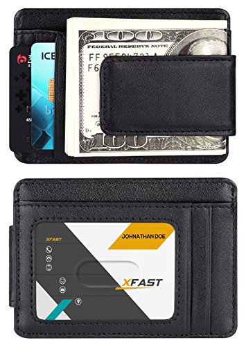 Leather Magnetic Money Clip Slim Minimalist Front Pocket Wallet Card Holder RFID Blocking (Vintage Black)