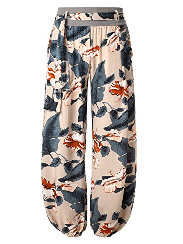 BAISHENGGT Women's Button Deco Elastic Cuff Belted Harem Pants Small Apricot Floral