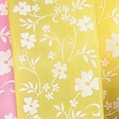 Yellow with White Small Flower Print Taffeta Wired Craft Ribbon 1.5
