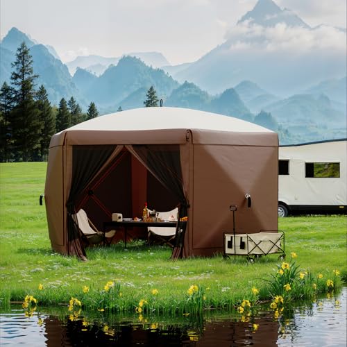 11.5x11.5 ft Pop Up Gazebo Screen Tent with 6 Wind Panels - Instant Setup Outdoor Canopy for Backyard and Garden,Khaki
