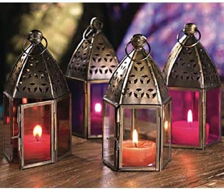 NEW MOROCCAN MINI IRON & GLASS LANTERN (TEA LIGHT HOLDER) NON PATTERNED (Pink)