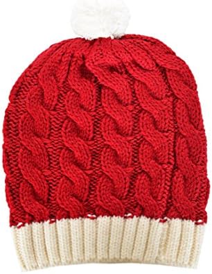 RWB Unisex Cable Knitted Beanie with Pom Pom One Size, Christmas Red
