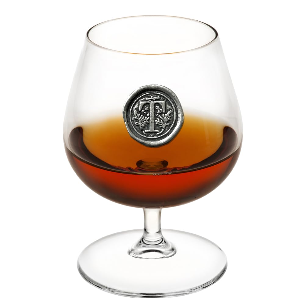 English Pewter Company 14.5oz Brandy Cognac Snifter Glass with Monogram Initial - Personalised Gift with Your Choice of Initial (T) [MON220]