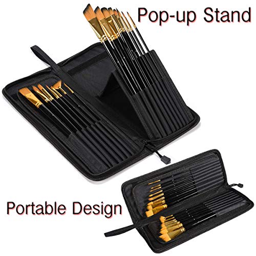 Paint Brushes Set, 15 Different Sizes Art Paintbrushes with Free Mixing Tray, Palette Knife, Paint Sponge and Pop-up Carrying Case for Watercolor, Acrylic, Oil Painting