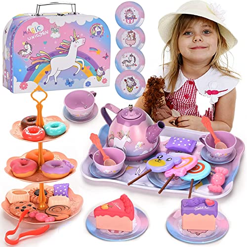 AM ANNA 48 PCS Toy Unicorn Tea Set for Little Girls, Princess Tea Party Play Toy Kid Tea Set Including Teapot,Cups, Plates, Dessert, Drinks & Carrying Case, Kitchen Pretend Play Toys(Unicorn Tea Set)