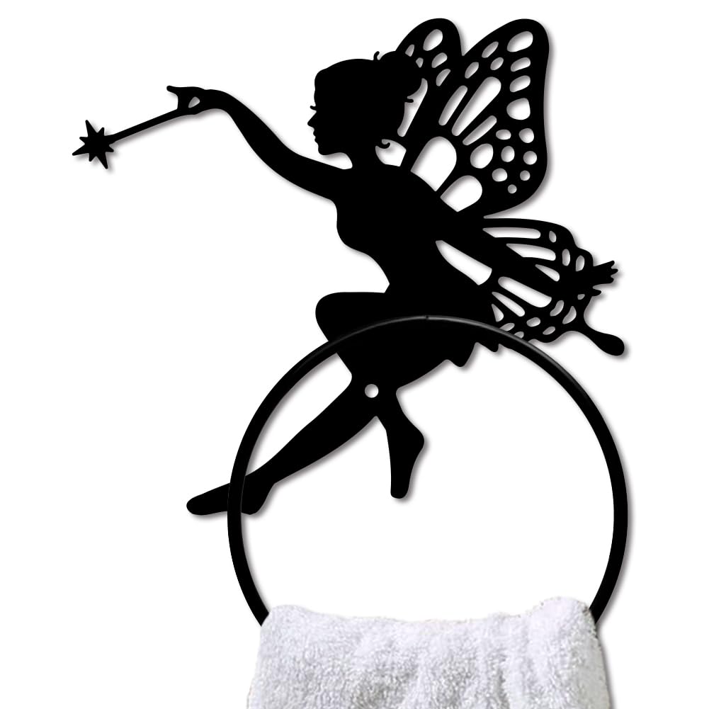 MAYJOYDIY Fairy Towel Ring Holder, Wall Mounted Elf Wing Design with Magic Wand Accent, Black Metal Towel Rack for Bathroom Kitchen
