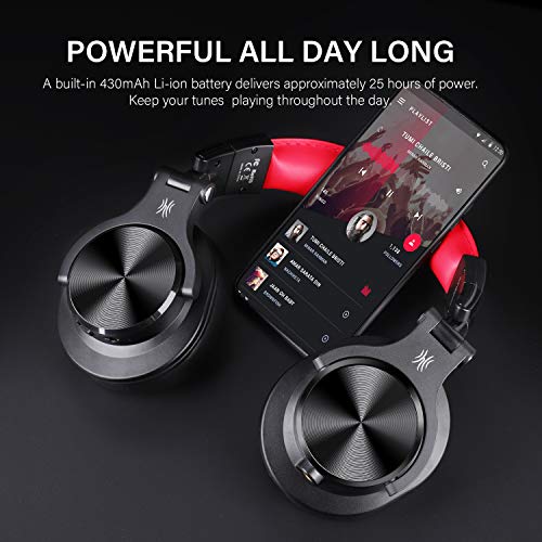 OneOdio A70 Bluetooth Over Ear Headphones, Studio Headphones with Shareport, Foldable, Wired and Wireless Professional Recording Headphones with Stereo Sound for Electric Drum Piano Guitar Amp (Red)