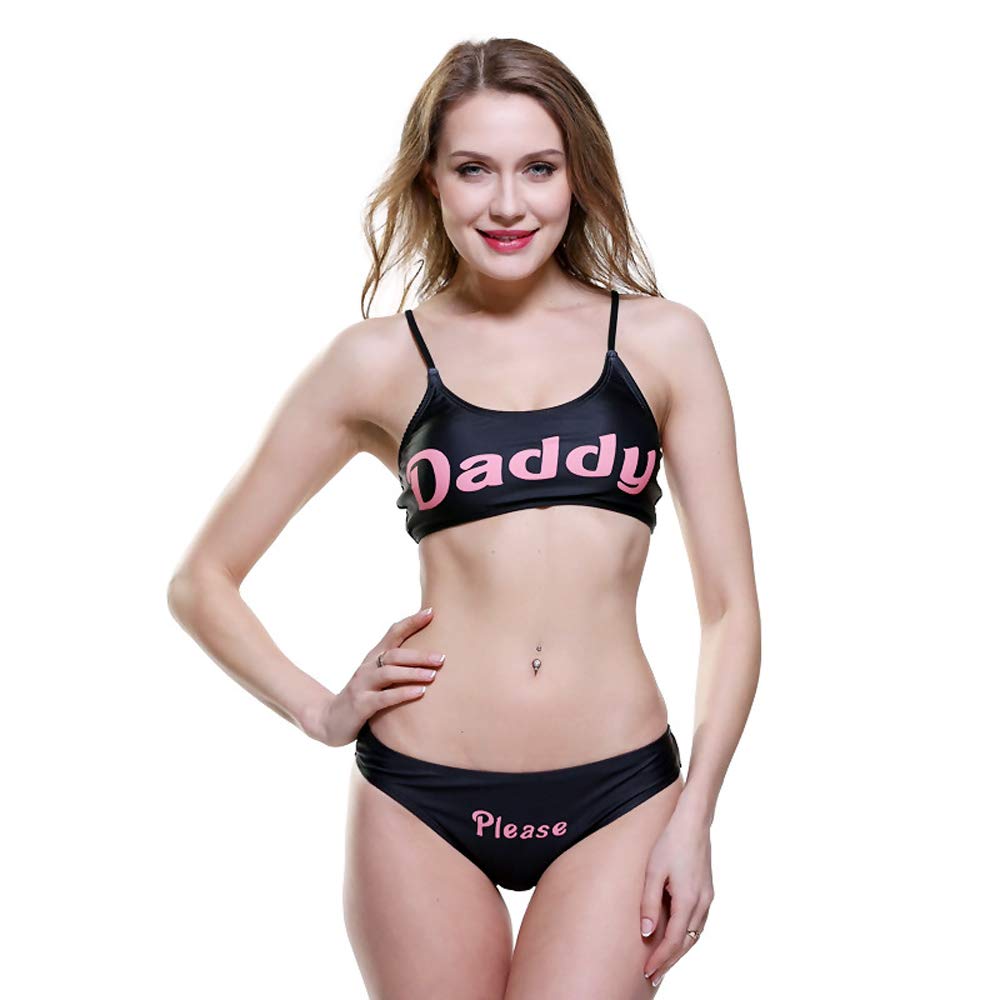 SINMIUANIME Women Lingerie Yes Daddy Bra and Underwear Set Girl Adult Lingerie Set Anime Role-Playing Lingerie, Black, 36C-38C