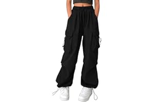 Girls Parachute Cargo Pants High Waisted Baggy Casual Y2K Trouser Kids Wide Leg Hip Hop Streetwear with Multi Pocket