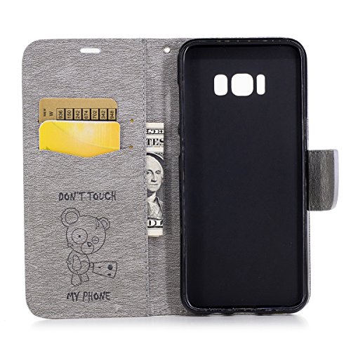 Galaxy S8 Plus Case, Galaxy S8 Plus Wallet Case,PHEZEN Cute Bear Don't Touch My Phone Design PU Leather Wallet Case Stand Flip Case with Credit Card Slot for Samsung Galaxy S8 Plus, Grey