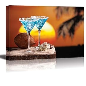 Two Blue Cocktail on Beach at Sunset Wall Decor