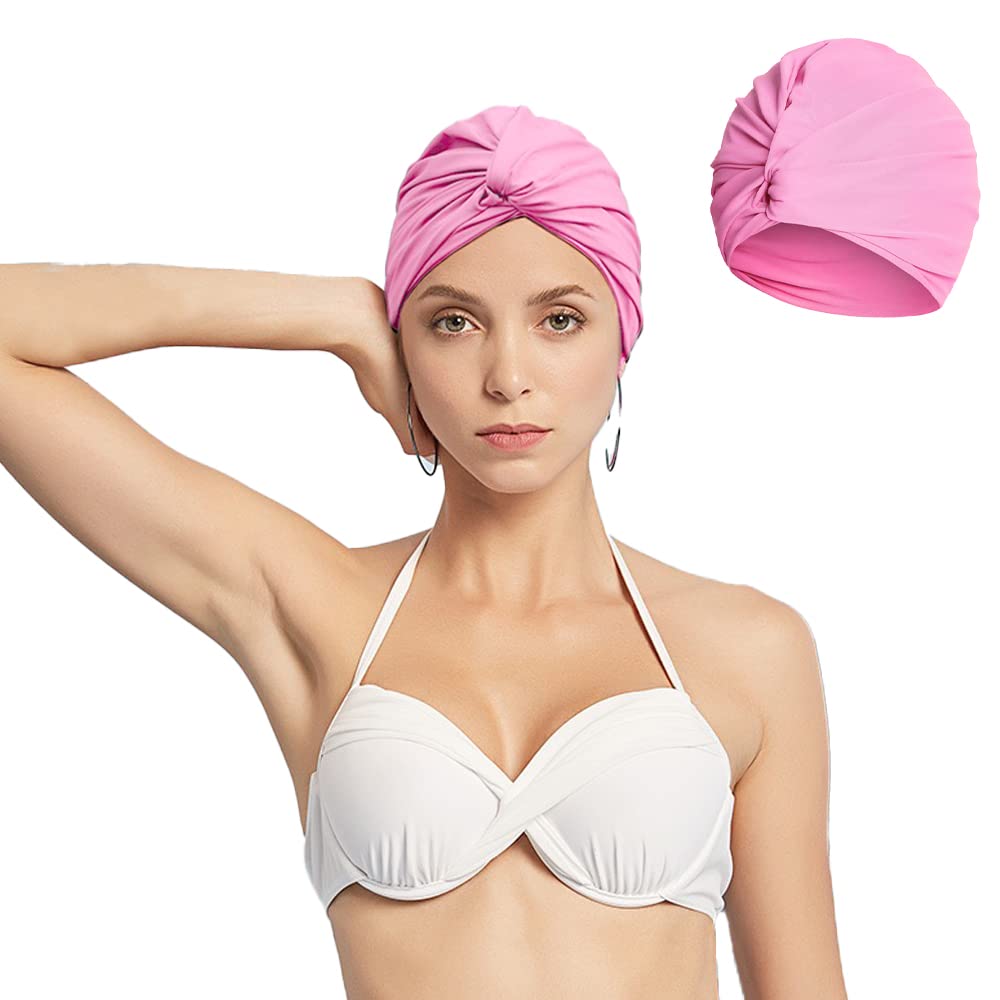 Ladies Pleated Fabric Swimming Cap Chemo Hat Elastic Stylish Spa Caps Sleep Cap Double Layers Bathing Hats Quick Drying Reusable Shower Hat Headwear Head Wraps For Women Long Short Curly Hair