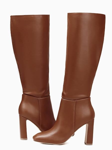 COUTGO WOMEN’S CHUNKY HEELED KNEE HIGH BOOTS CLASSIC LEATHER SQUARE TOE ZIPPERED TALL BOOT, DARK BROWN, SIZE 8.5