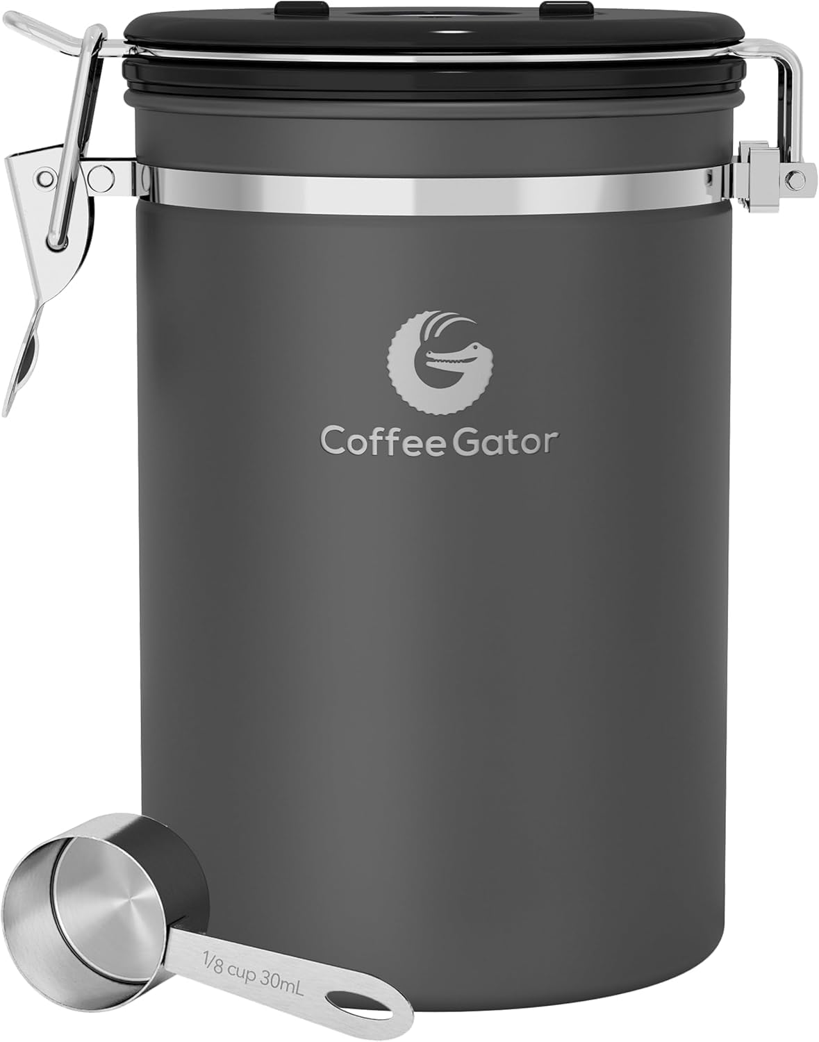 Coffee Gator Coffee Canister Airtight 1900 mL, Stainless Steel Kitchen Food Storage Container with Date Tracker, CO2 Valve, Scoop for Grounds Coffee, Beans,Tea, Sugar, Flour, Snacks