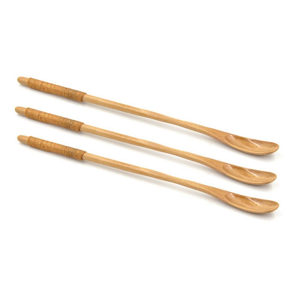 AsentechUK® 3Pcs Wooden Vintage Long Handle Coffee String Spoon Honey
