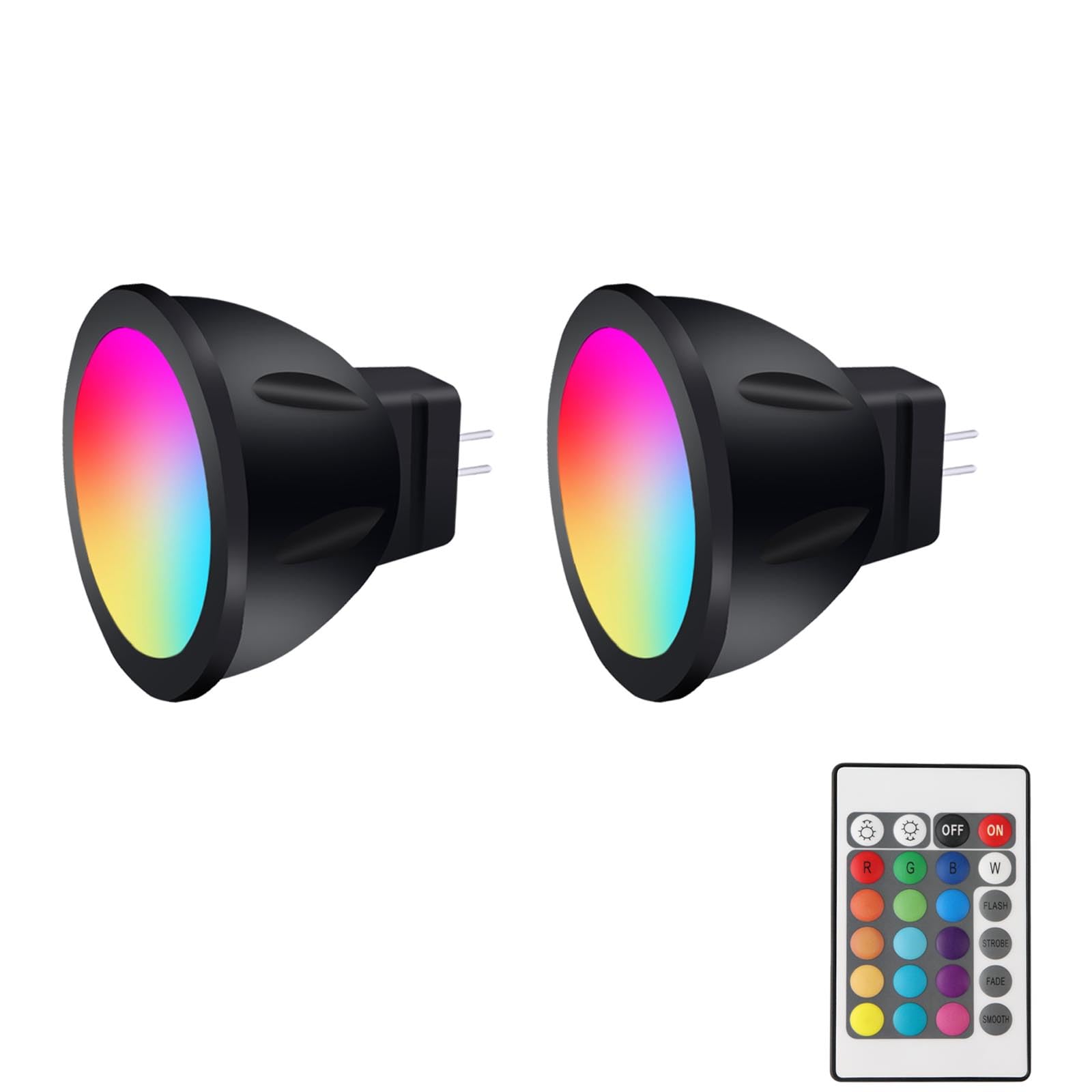 Noobibaba GU4 LED 12V RGB MR11 Colour Changing Lamps for Christmas New Year Decoration, MR11 LED 12V 3W Bi-Pin Base, Warm White + 15 Multicoloured for Landscape Lighting (2 Lamps, 1 Remote Control)