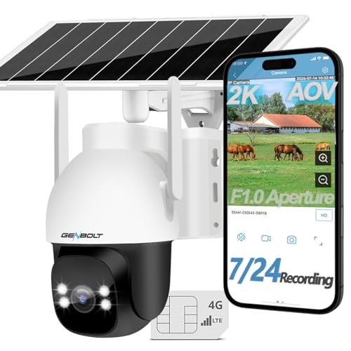 GENBOLT 4G LTE Camara Seguridad Exterior Solar Inalámbrica Sin WiFi, 24/7 Grabación AOV, 15600mAh Batería 8W Panel Solar,2K Camara Vigilancia 4G, con SIM, Apertura F1.0, Detección IA 90 Pies